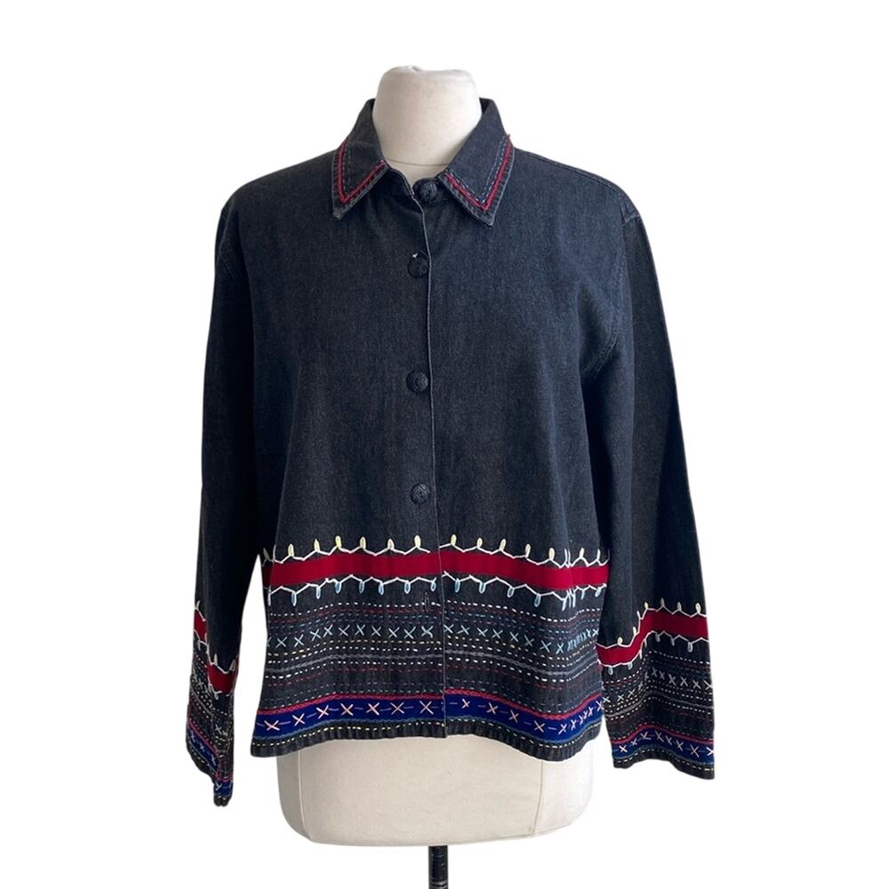 COLDWATER CREEK Shirt Jacket Womens Sz Large Black Bohemian Cabincore